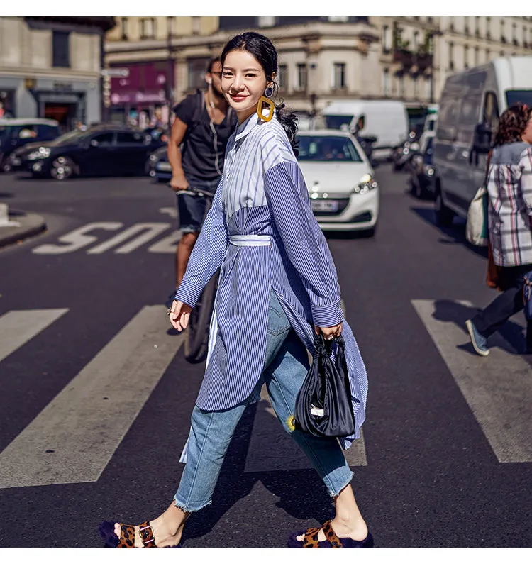 8GIRLS STRIPE OVERSIZED LONGLINE SHIRT IN BLUE
