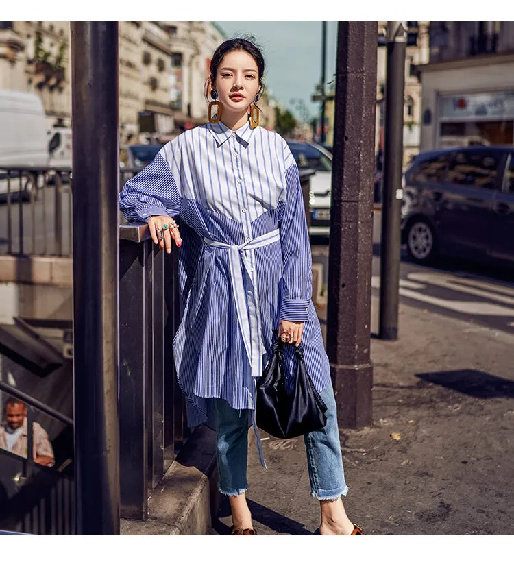 8GIRLS STRIPE OVERSIZED LONGLINE SHIRT IN BLUE