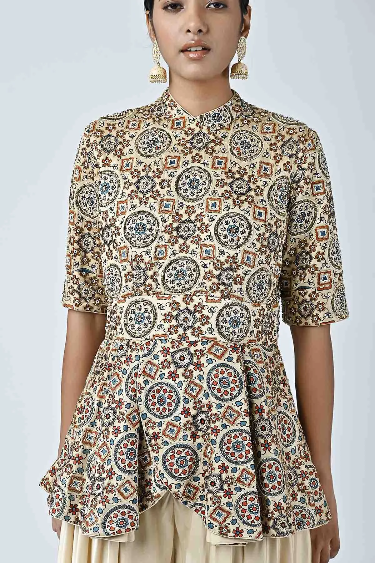 Beige Ajrakh Peplum Jumpsuit