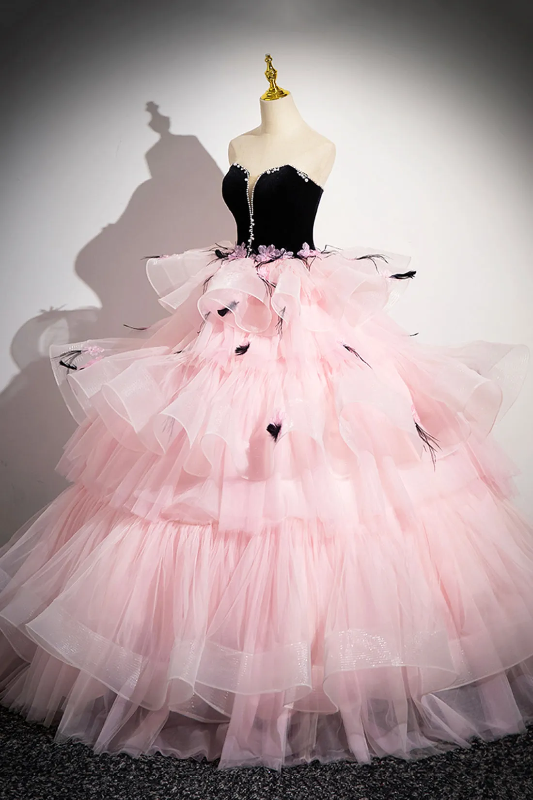 Black Velvet and Pink Tulle Strapless Ball Gown, Pink Backless Ruffles Formal Evening Dress