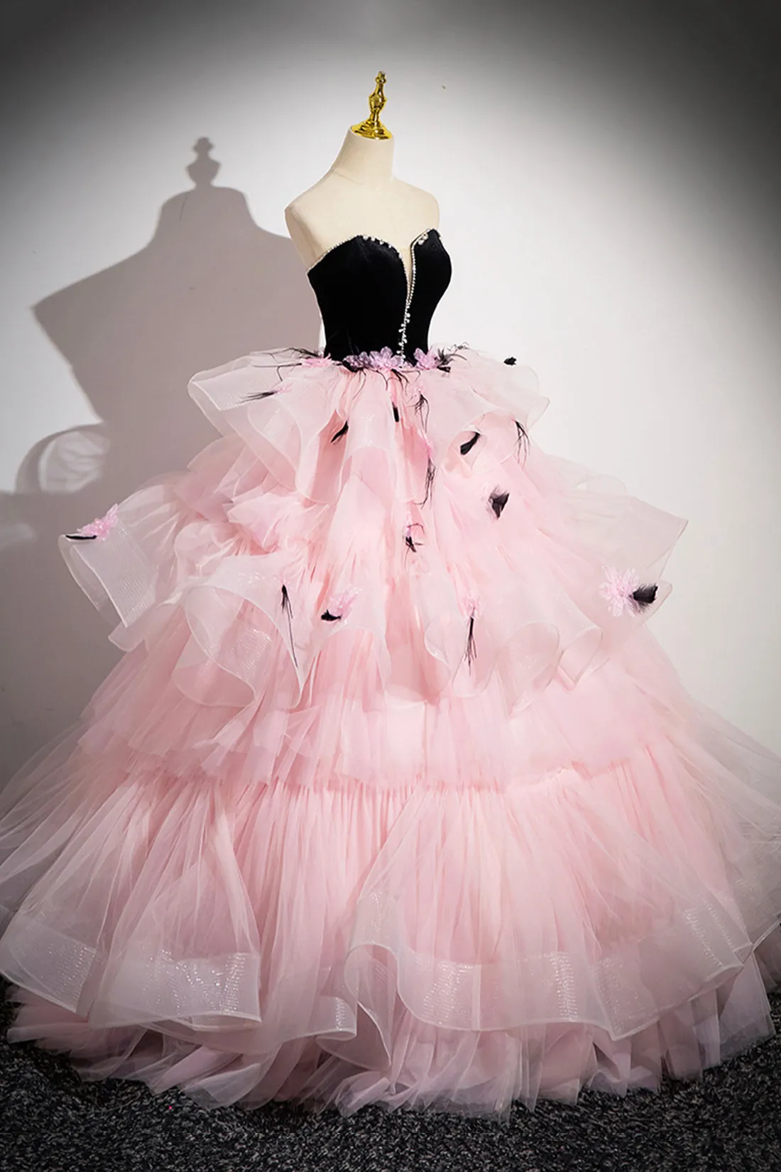 Black Velvet and Pink Tulle Strapless Ball Gown, Pink Backless Ruffles Formal Evening Dress