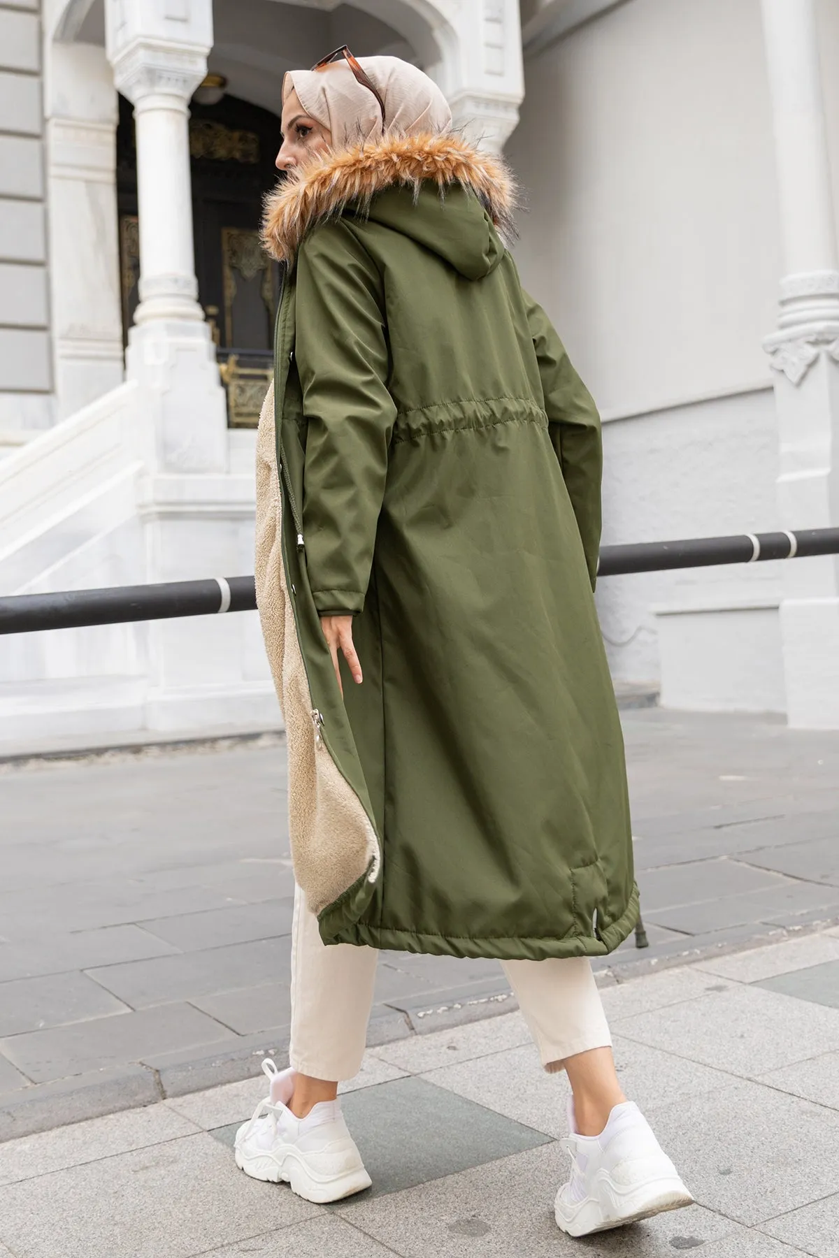 BNG Women Fur Collar Plush Bonded Coat Khaki - Clermont