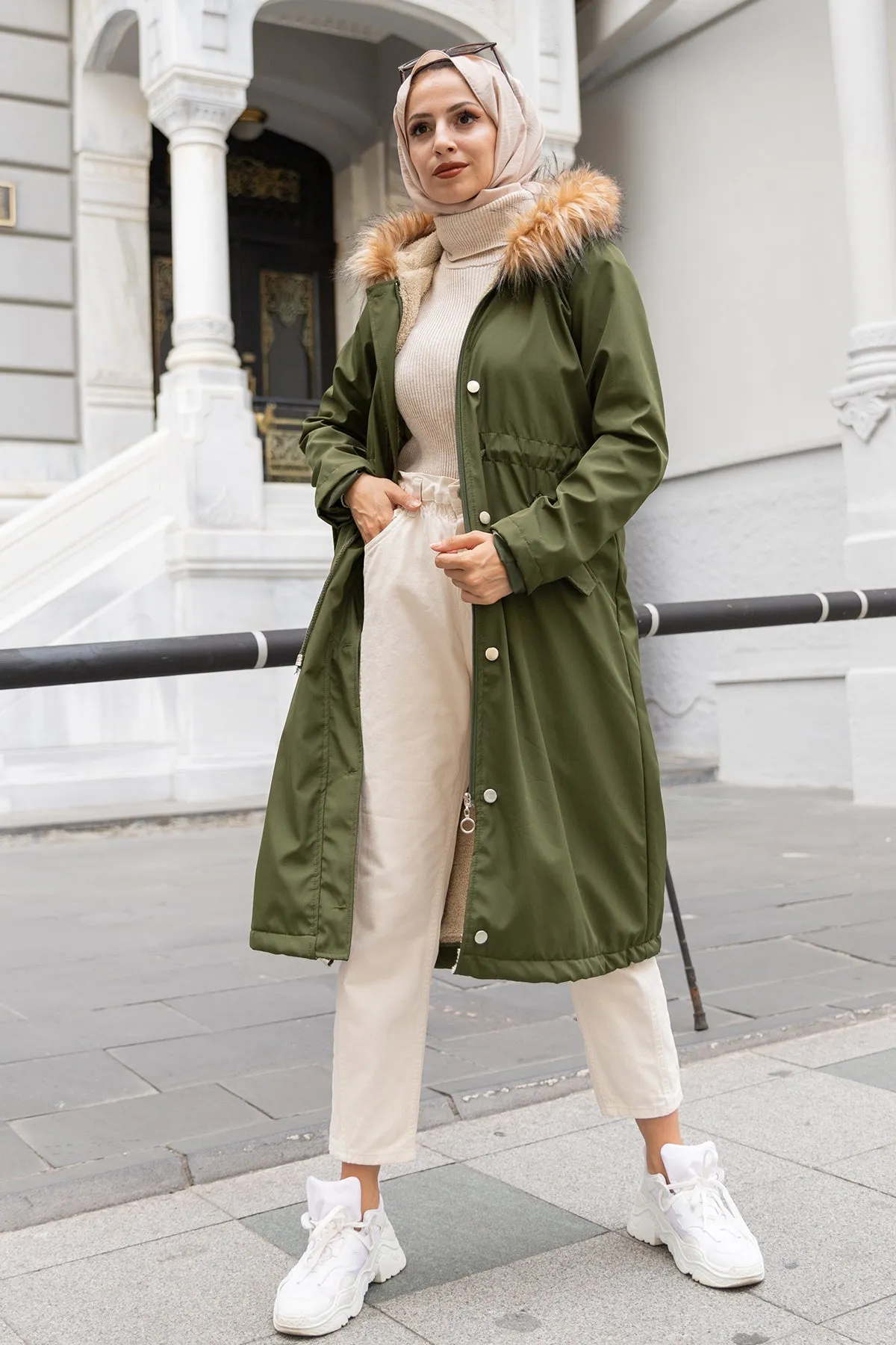 BNG Women Fur Collar Plush Bonded Coat Khaki - Clermont