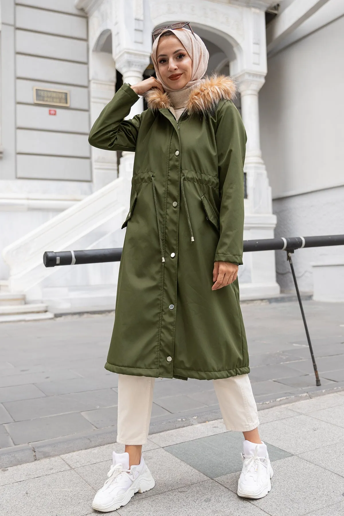 BNG Women Fur Collar Plush Bonded Coat Khaki - Clermont