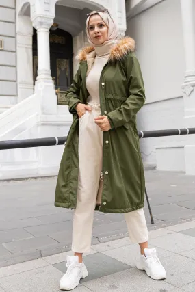 BNG Women Fur Collar Plush Bonded Coat Khaki - Clermont