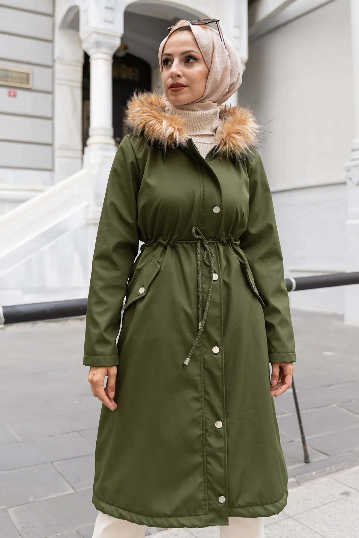 BNG Women Fur Collar Plush Bonded Coat Khaki - Clermont