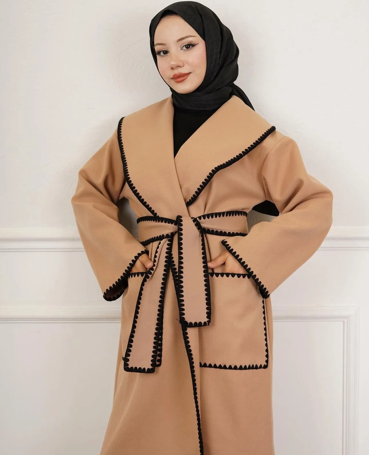 Contrast-Trim Wool Wrap Coat