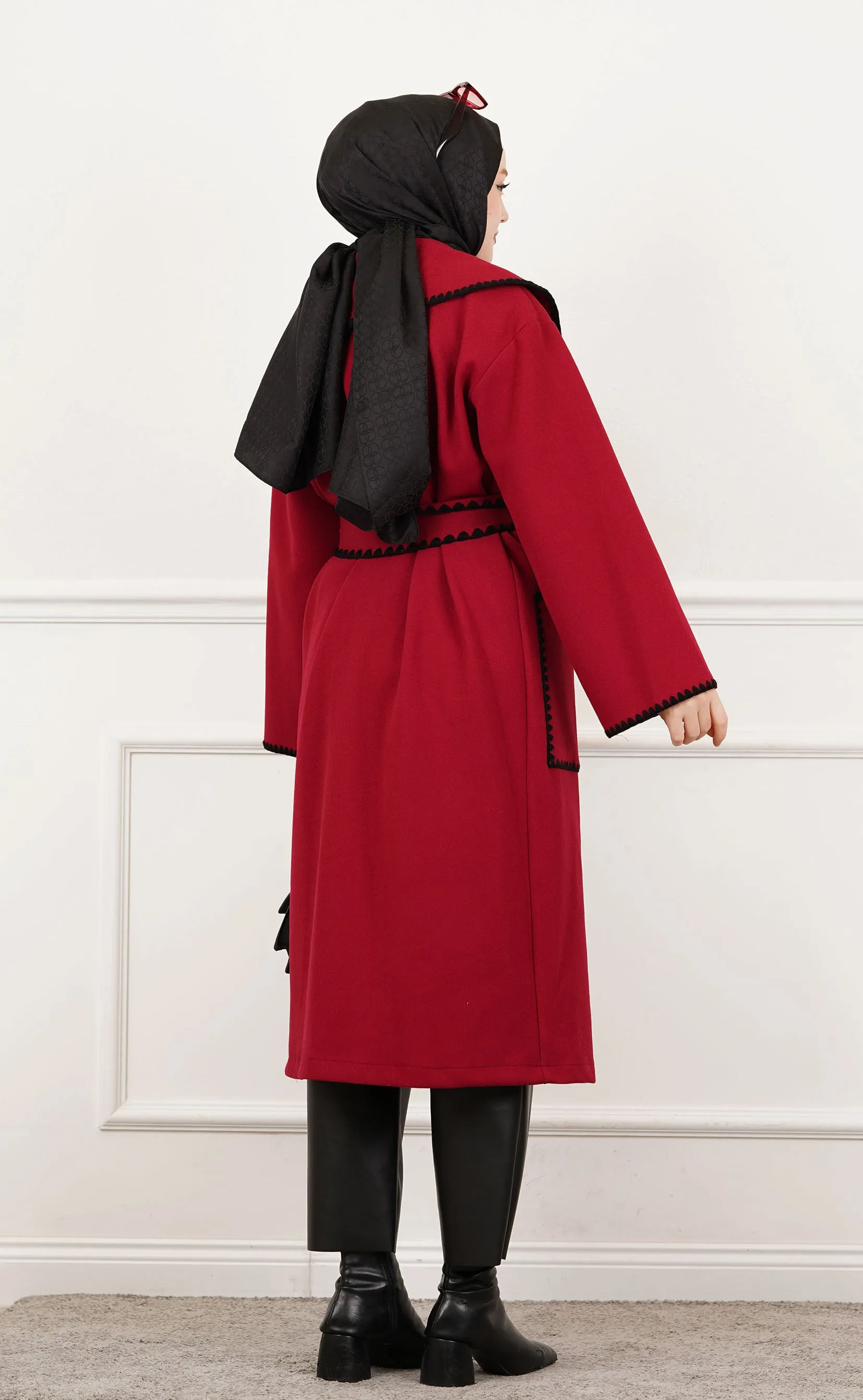 Contrast-Trim Wool Wrap Coat