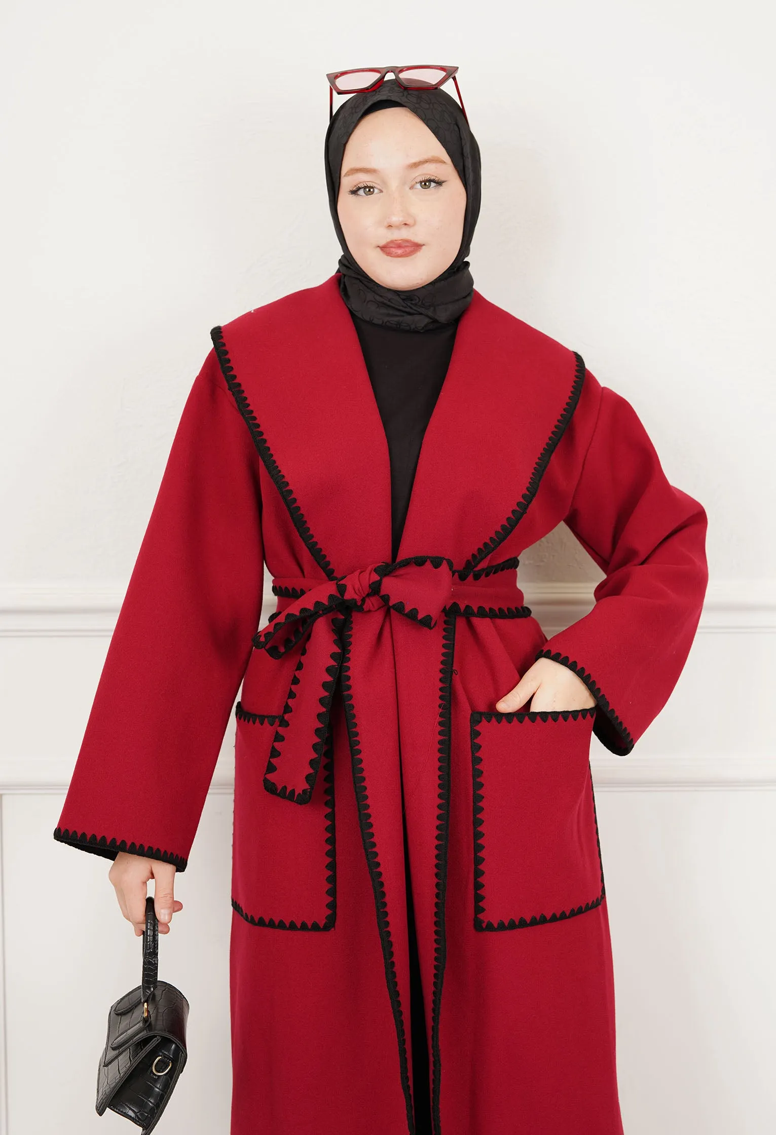 Contrast-Trim Wool Wrap Coat