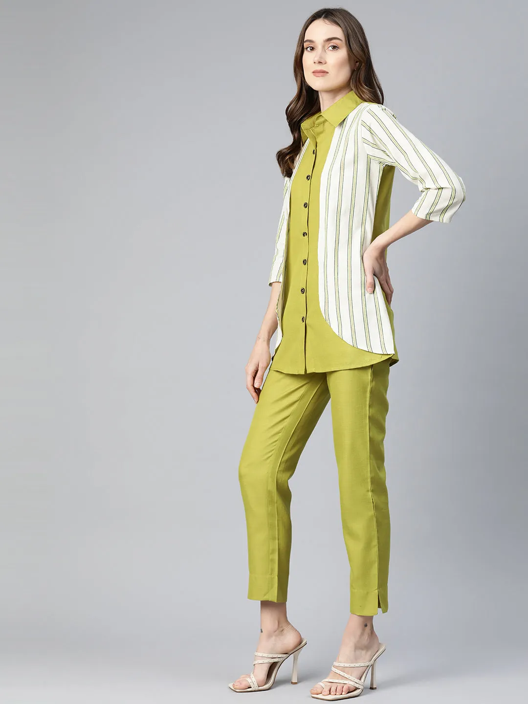 Cottinfab Women Layered Striped Shirt with Trousers
