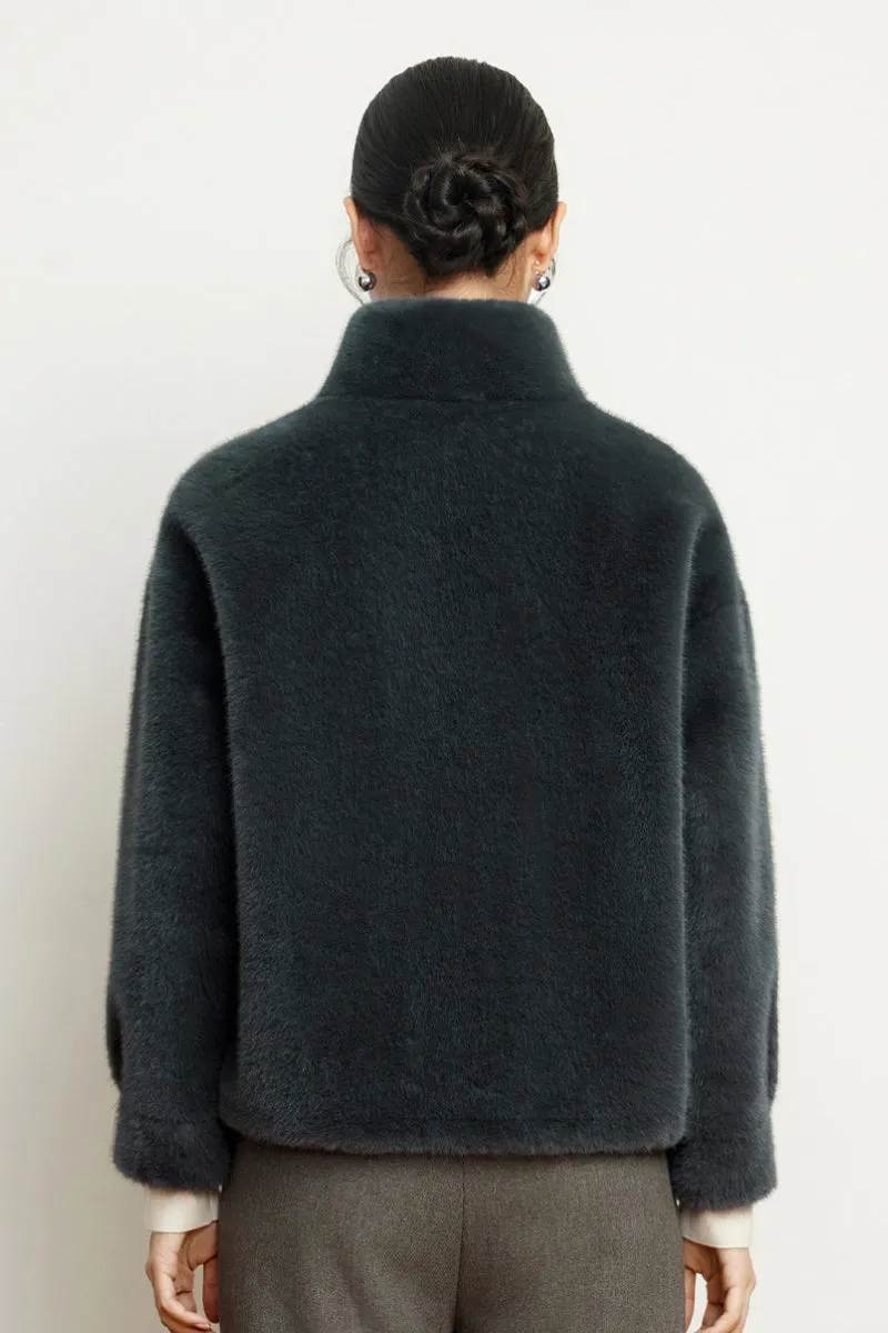 Cropped Faux Mink Fur Jacket with Stand Collar