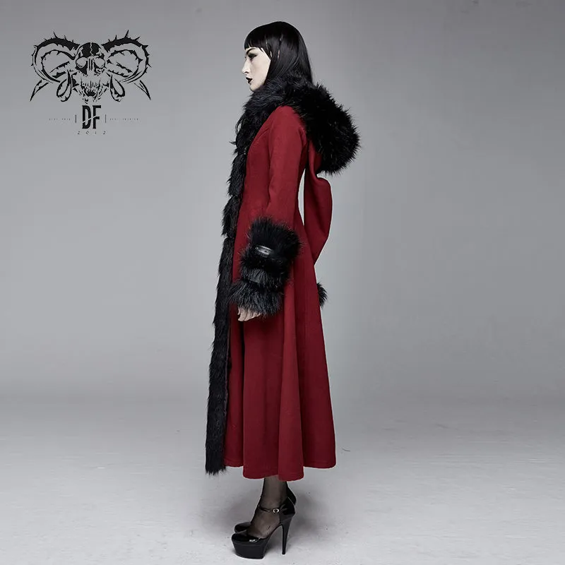 CT12602 daily life winter sexy women red gothic party woolen hooded long coat with fur