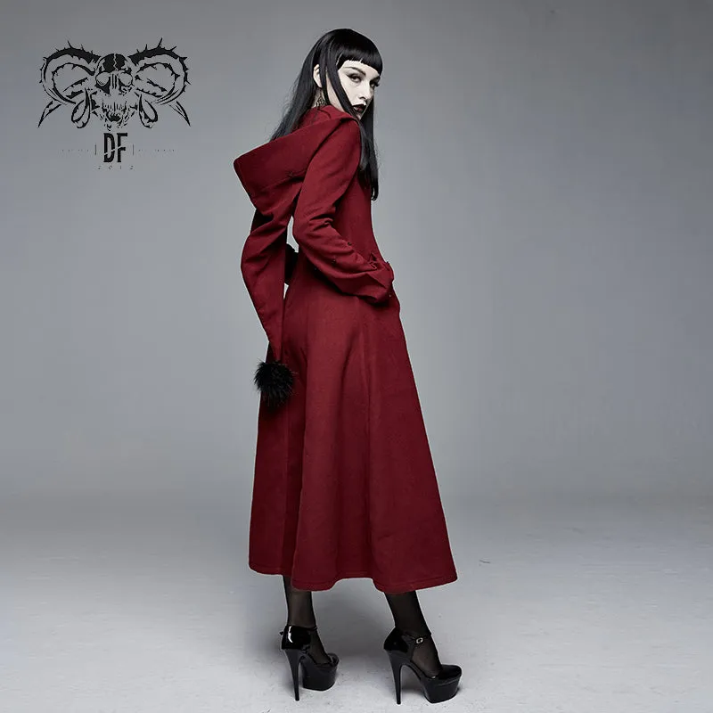 CT12602 daily life winter sexy women red gothic party woolen hooded long coat with fur