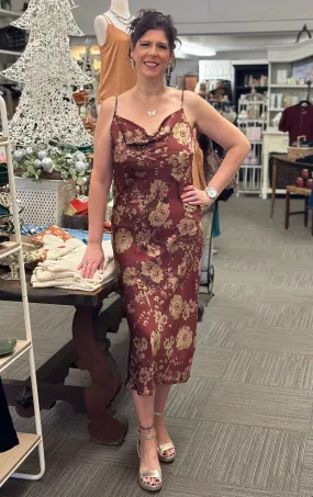 Dreamy Merlot Floral Satin Midi Dress