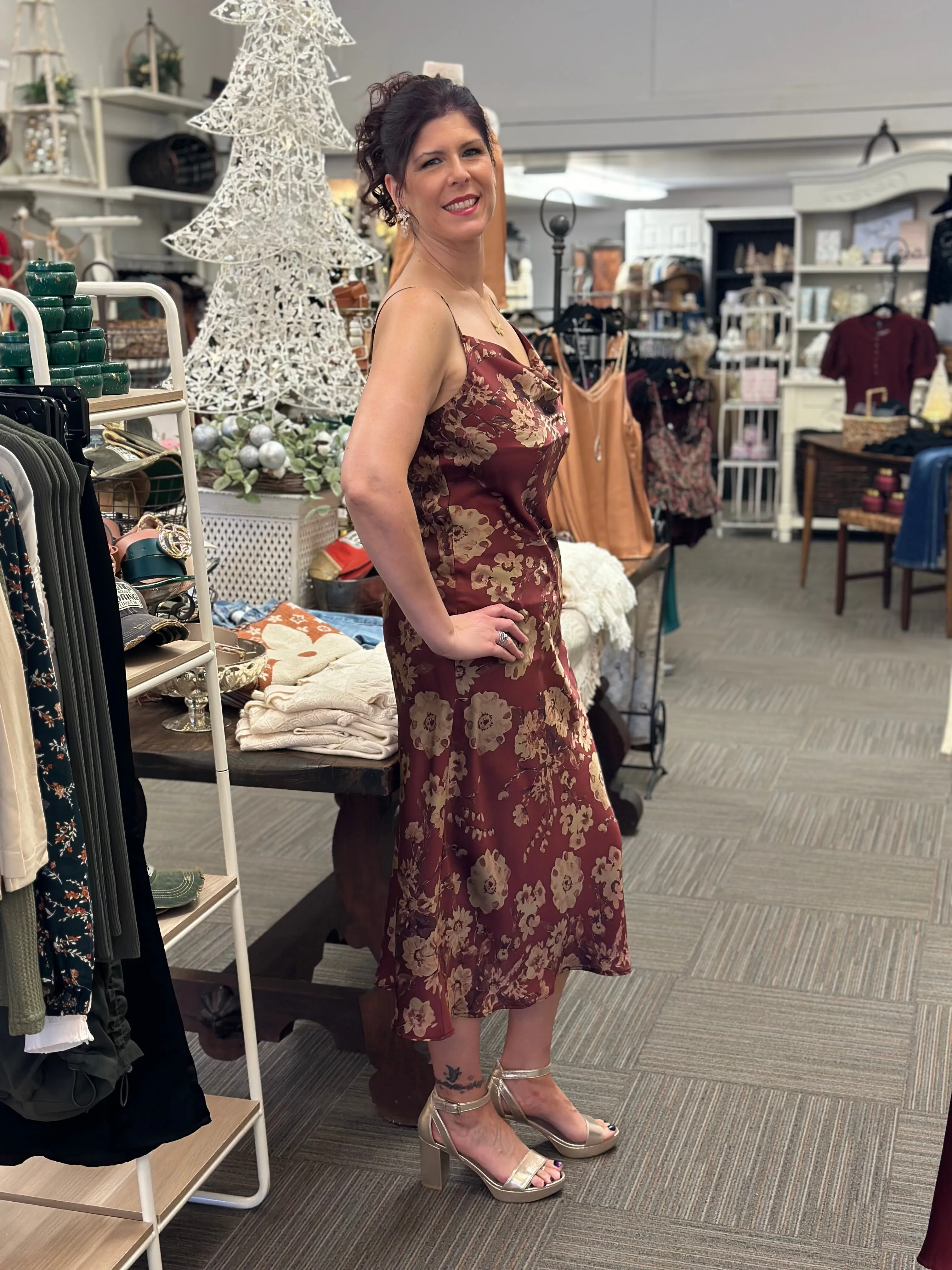 Dreamy Merlot Floral Satin Midi Dress