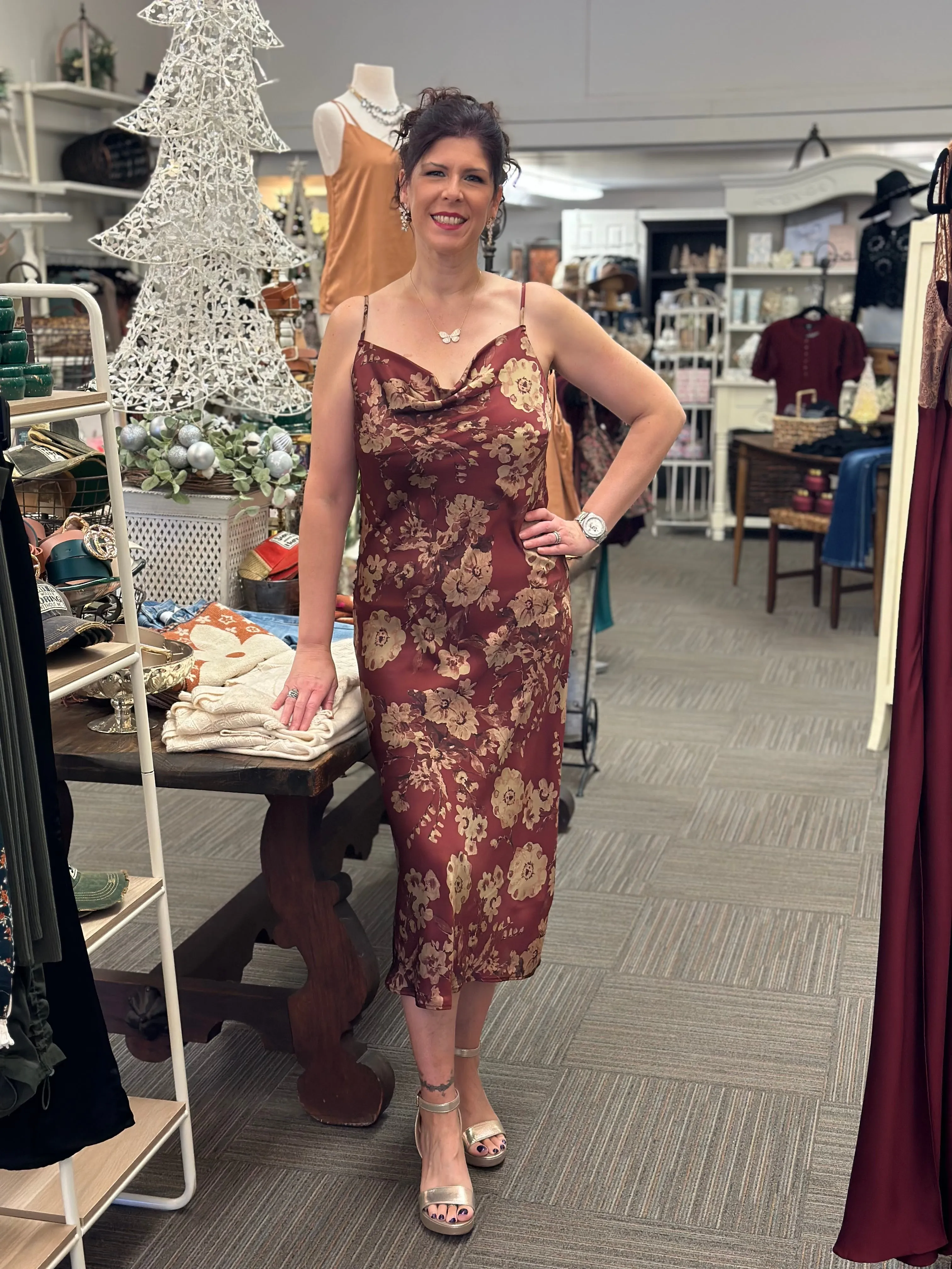 Dreamy Merlot Floral Satin Midi Dress