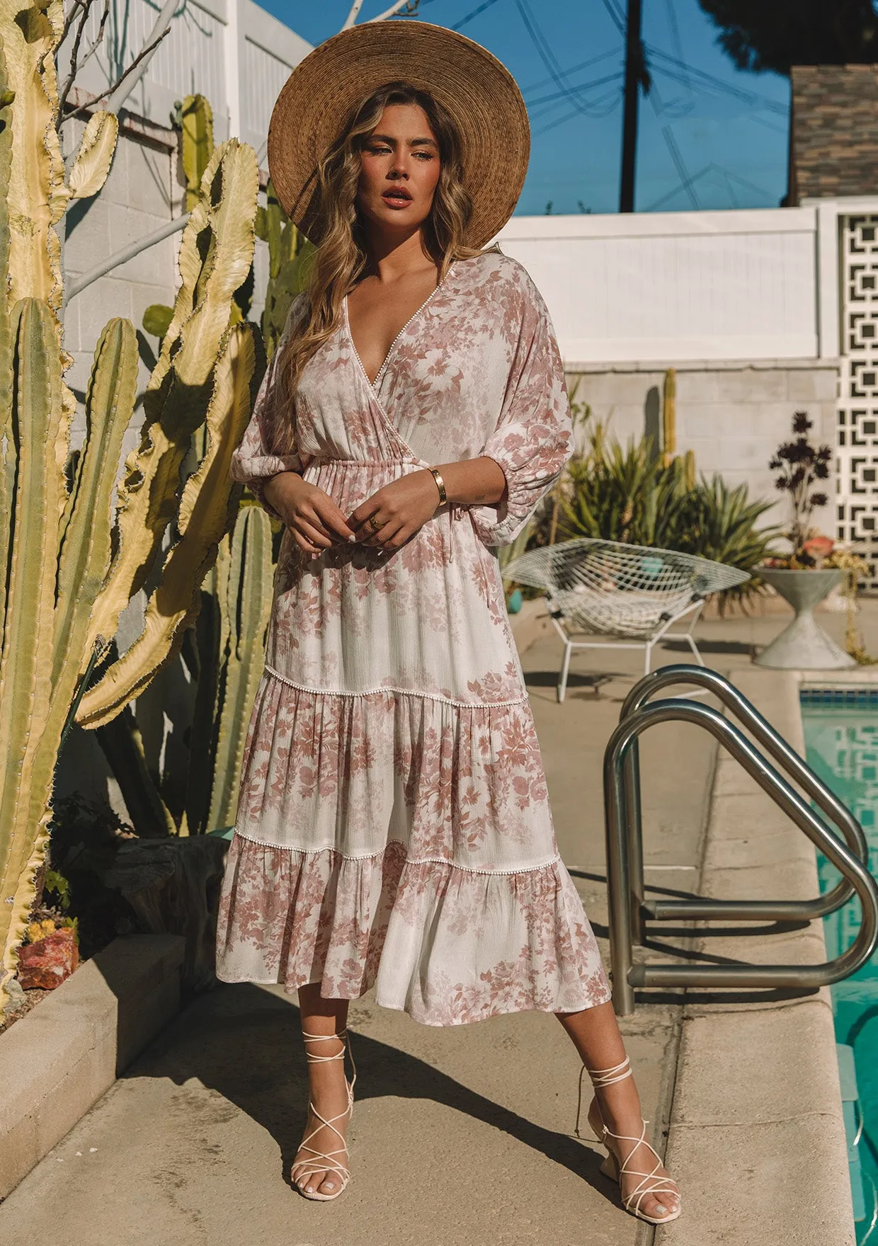Floral Dolman Sleeve Surplice Tiered Maxi Dress