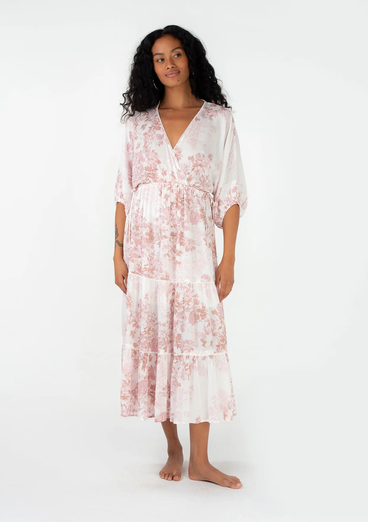 Floral Dolman Sleeve Surplice Tiered Maxi Dress