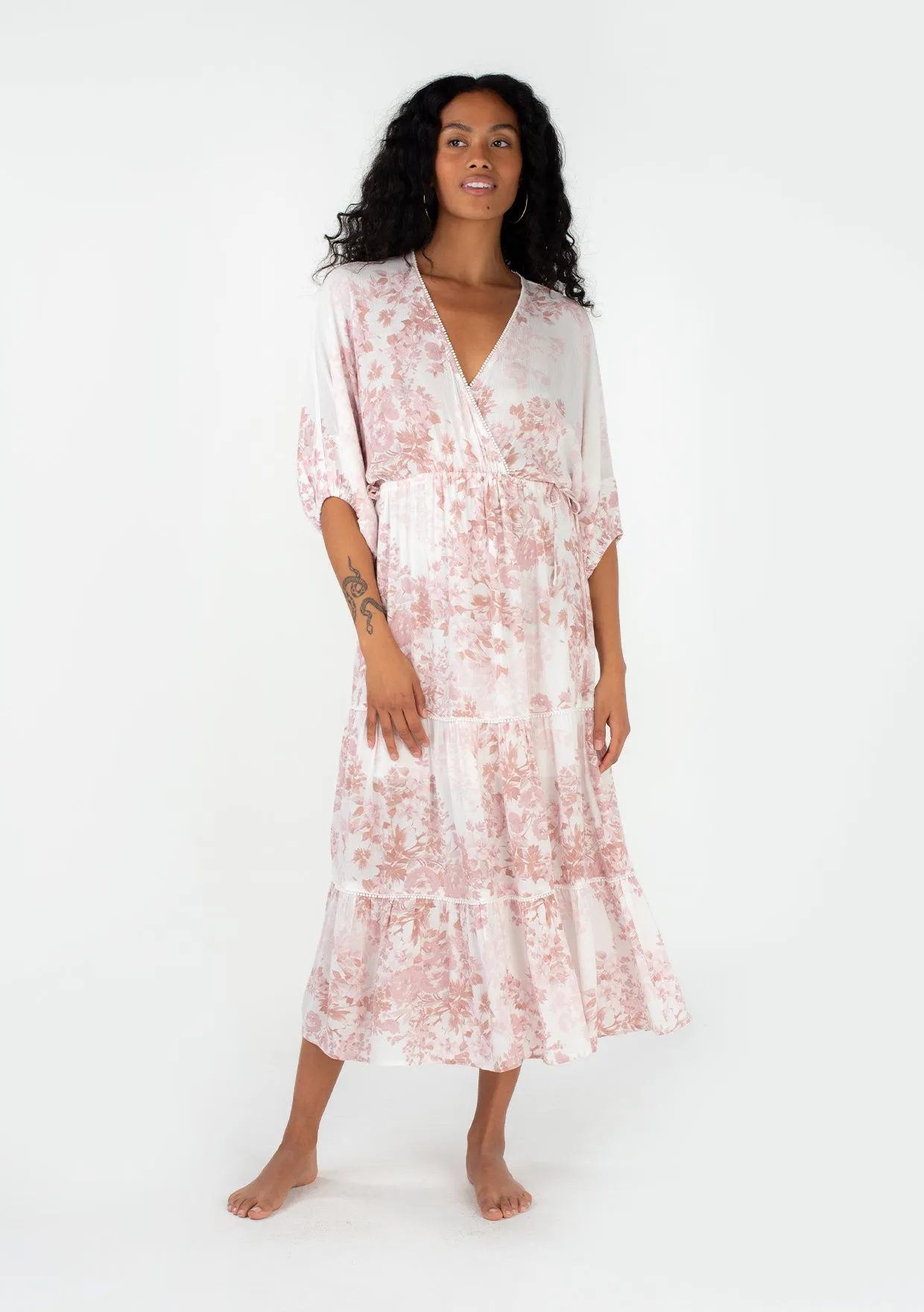 Floral Dolman Sleeve Surplice Tiered Maxi Dress