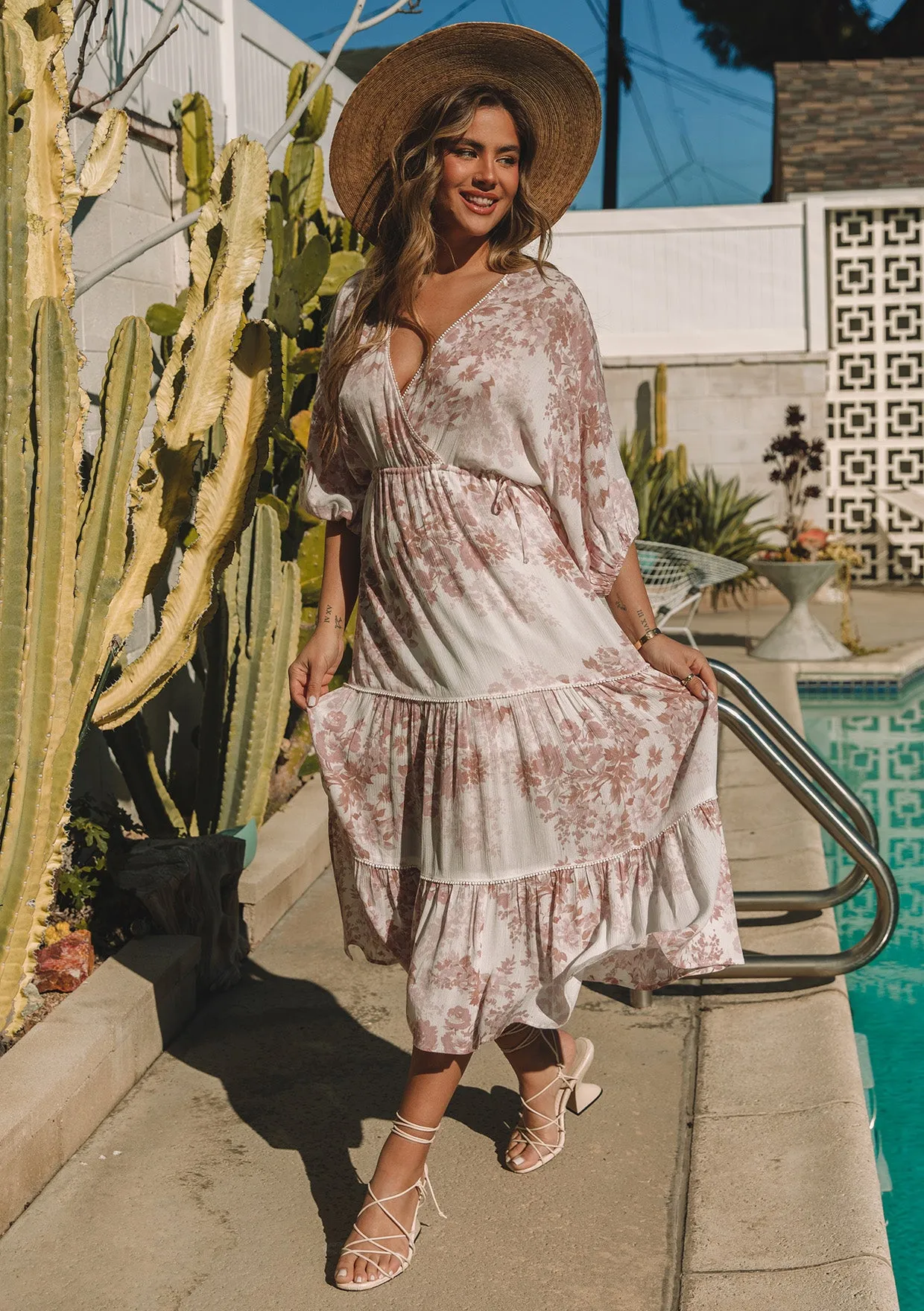 Floral Dolman Sleeve Surplice Tiered Maxi Dress