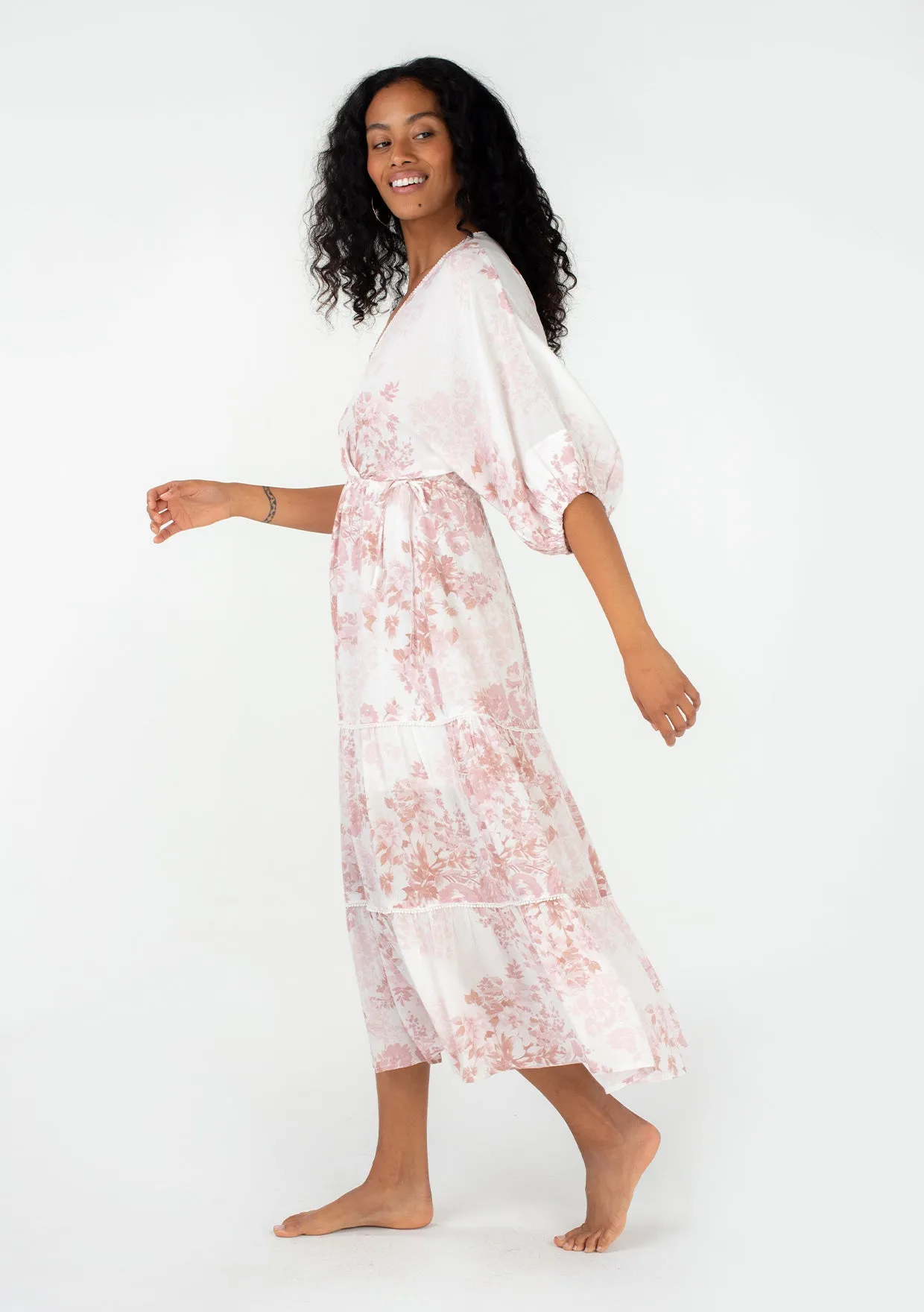 Floral Dolman Sleeve Surplice Tiered Maxi Dress