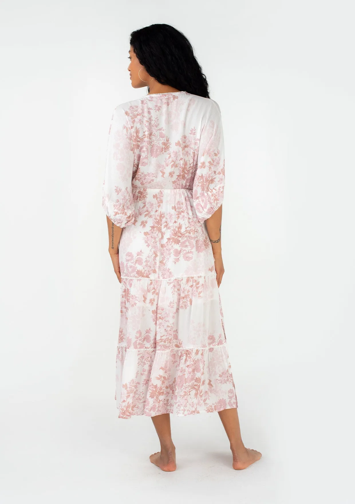 Floral Dolman Sleeve Surplice Tiered Maxi Dress