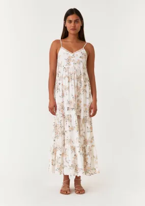 Floral Spaghetti Strap V Neck Tiered Maxi Dress