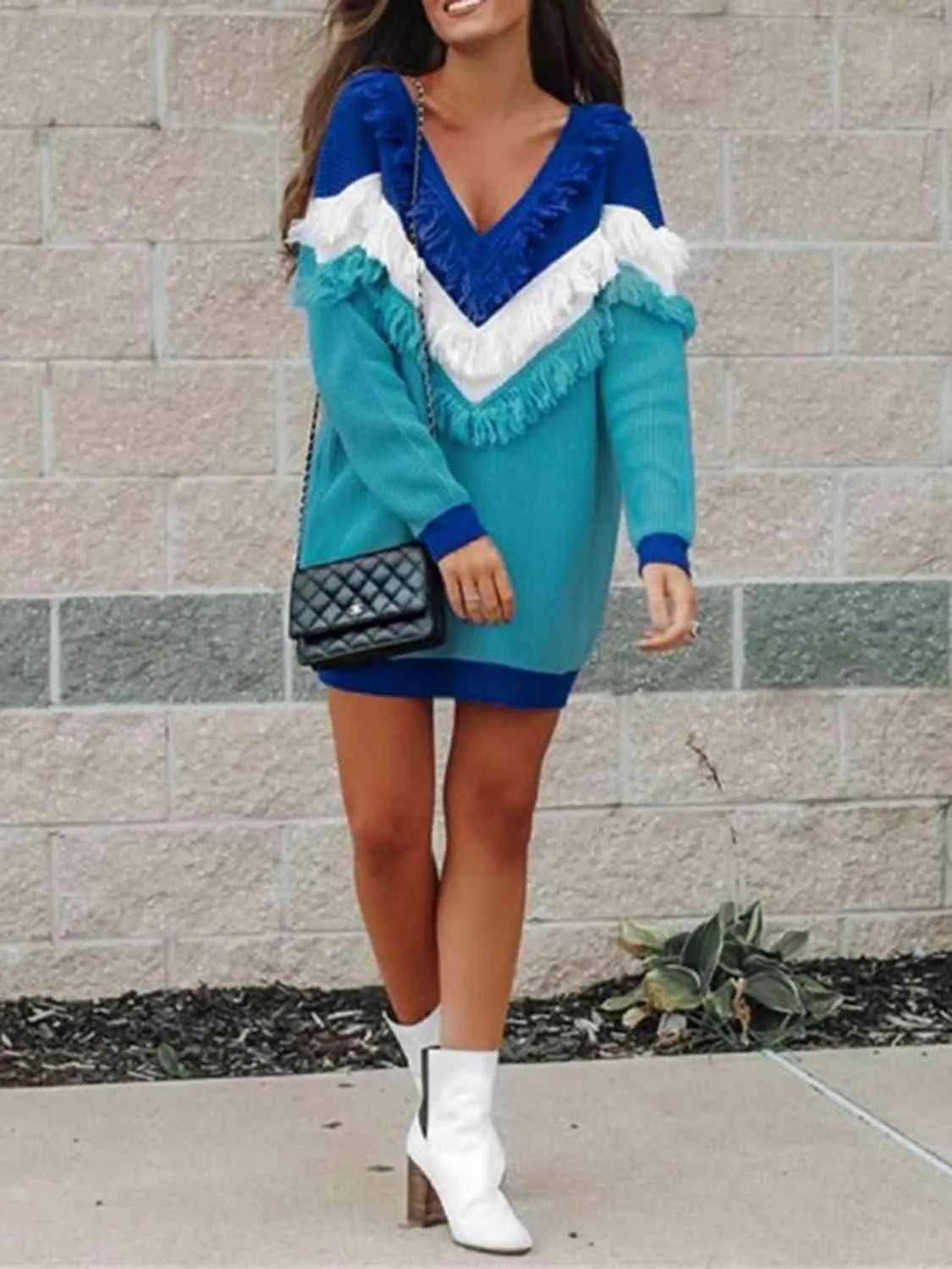 Freezy Chic Color Block Fringe Sweater Dress