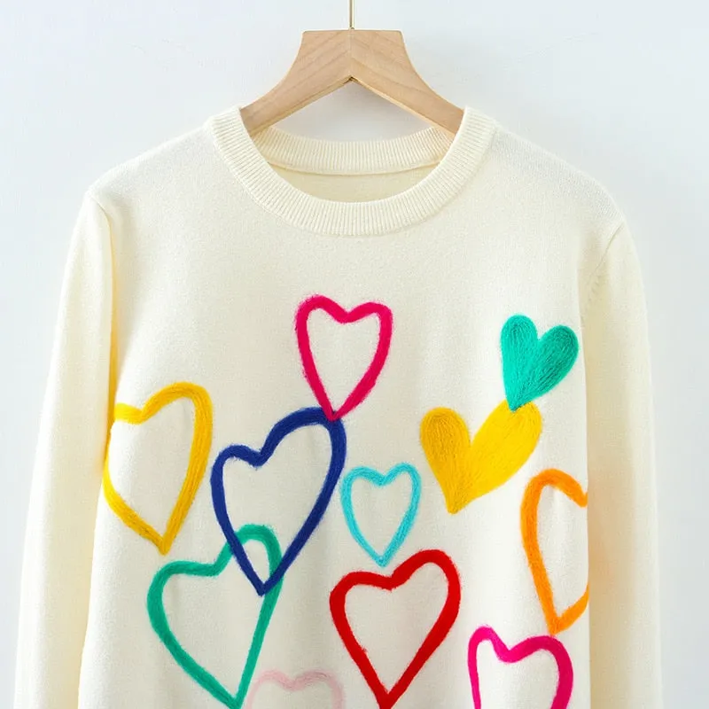 Heart Embroidery O-Neck Sweater Knitwear
