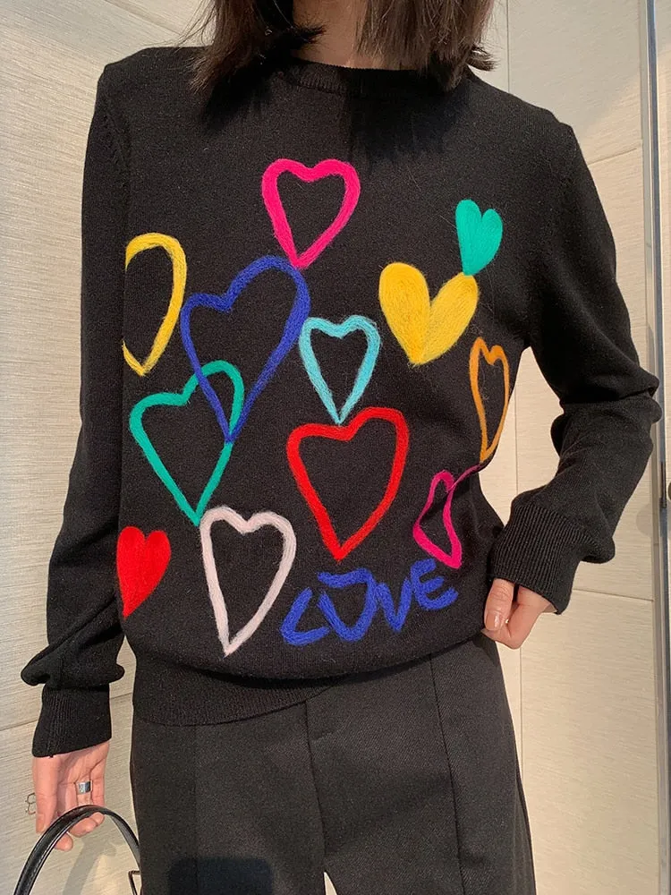 Heart Embroidery O-Neck Sweater Knitwear