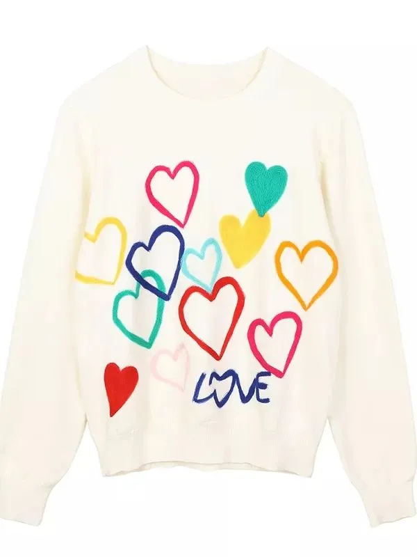 Heart Embroidery O-Neck Sweater Knitwear