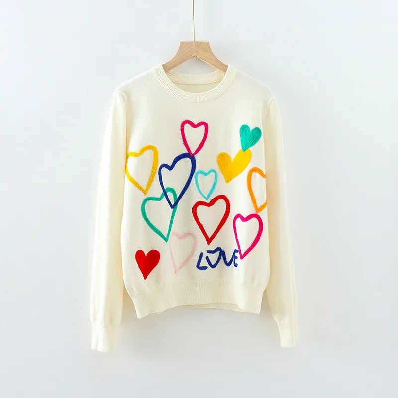 Heart Embroidery O-Neck Sweater Knitwear