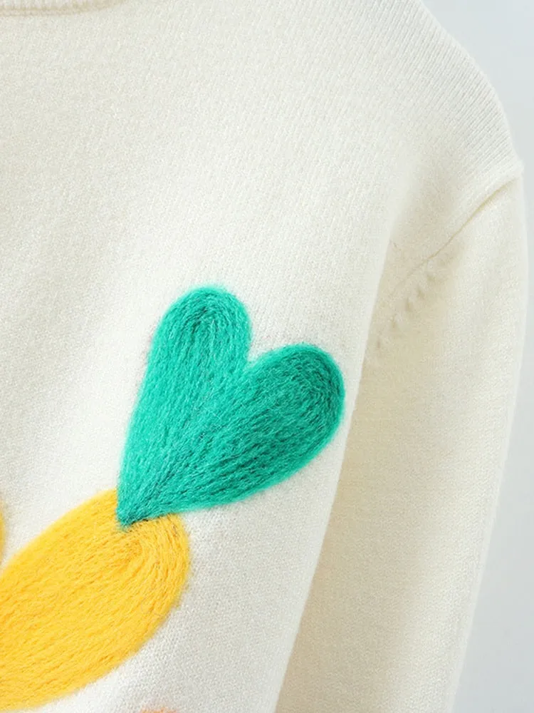 Heart Embroidery O-Neck Sweater Knitwear