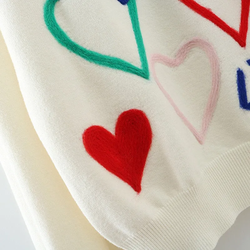 Heart Embroidery O-Neck Sweater Knitwear