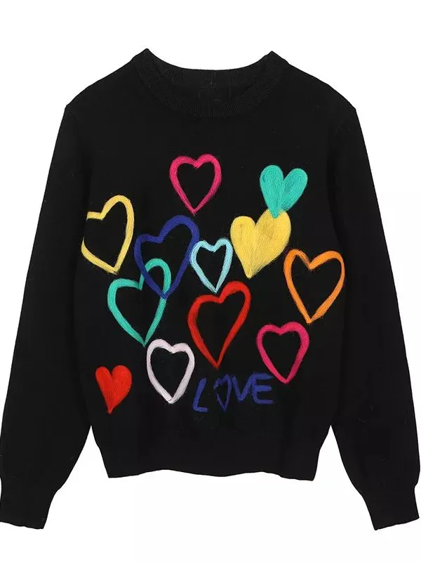 Heart Embroidery O-Neck Sweater Knitwear