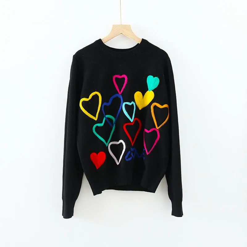 Heart Embroidery O-Neck Sweater Knitwear