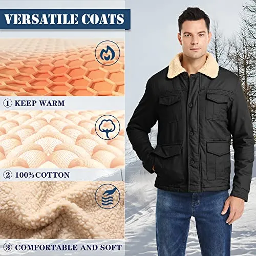 Heihuohua Men's Winter Thicken Outwear Coat Fleece Jacket with Flannel Collar, Black, Large