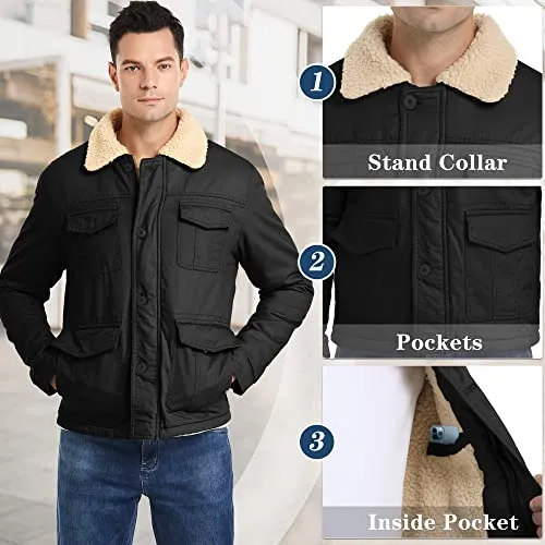 Heihuohua Men's Winter Thicken Outwear Coat Fleece Jacket with Flannel Collar, Black, Large