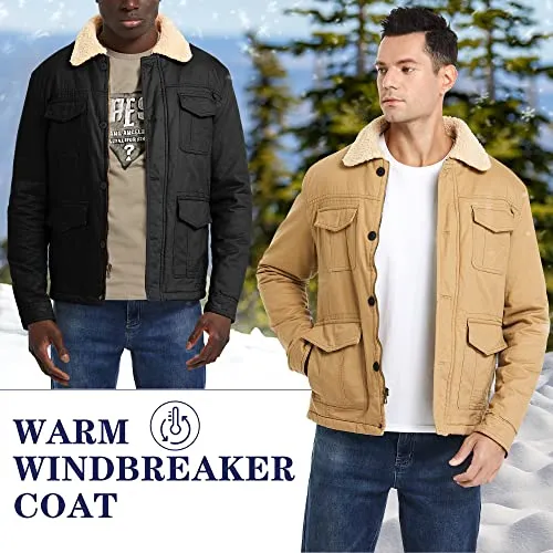 Heihuohua Men's Winter Thicken Outwear Coat Fleece Jacket with Flannel Collar, Black, Large