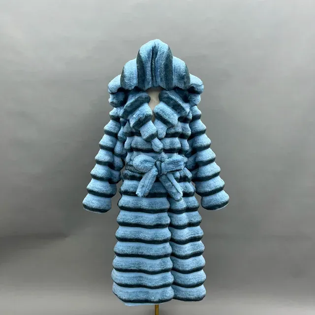Hooded Chinchilla Look Long Fluffy Faux Jacket