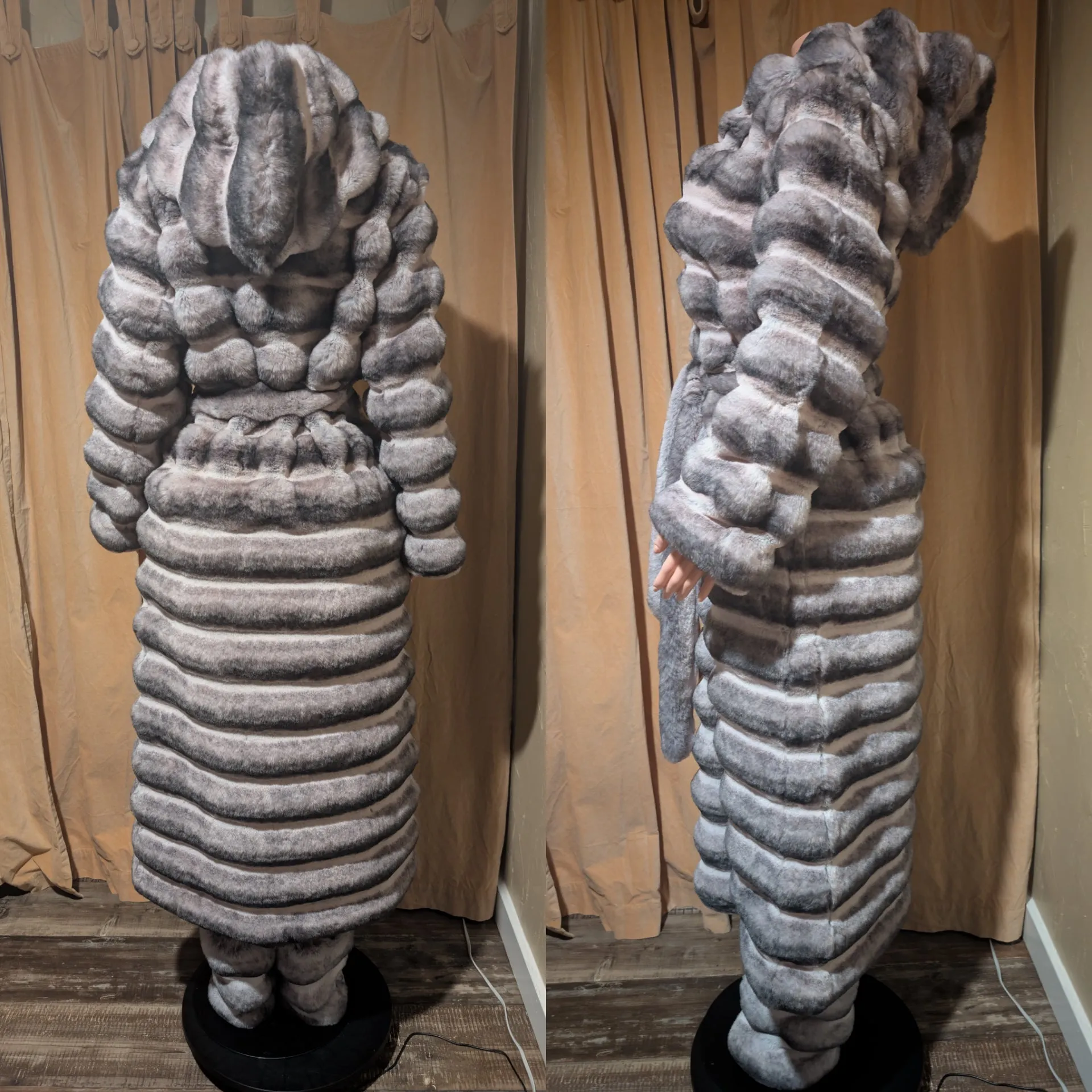 Hooded Chinchilla Look Long Fluffy Faux Jacket