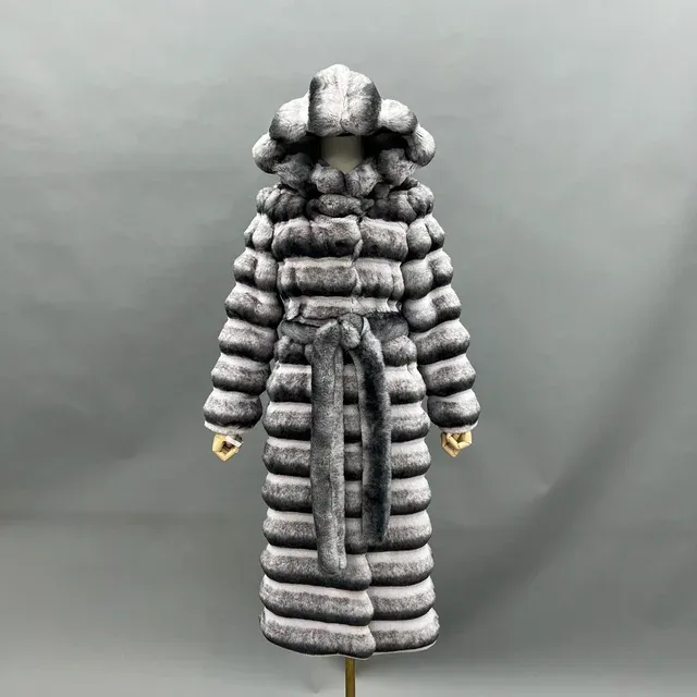 Hooded Chinchilla Look Long Fluffy Faux Jacket