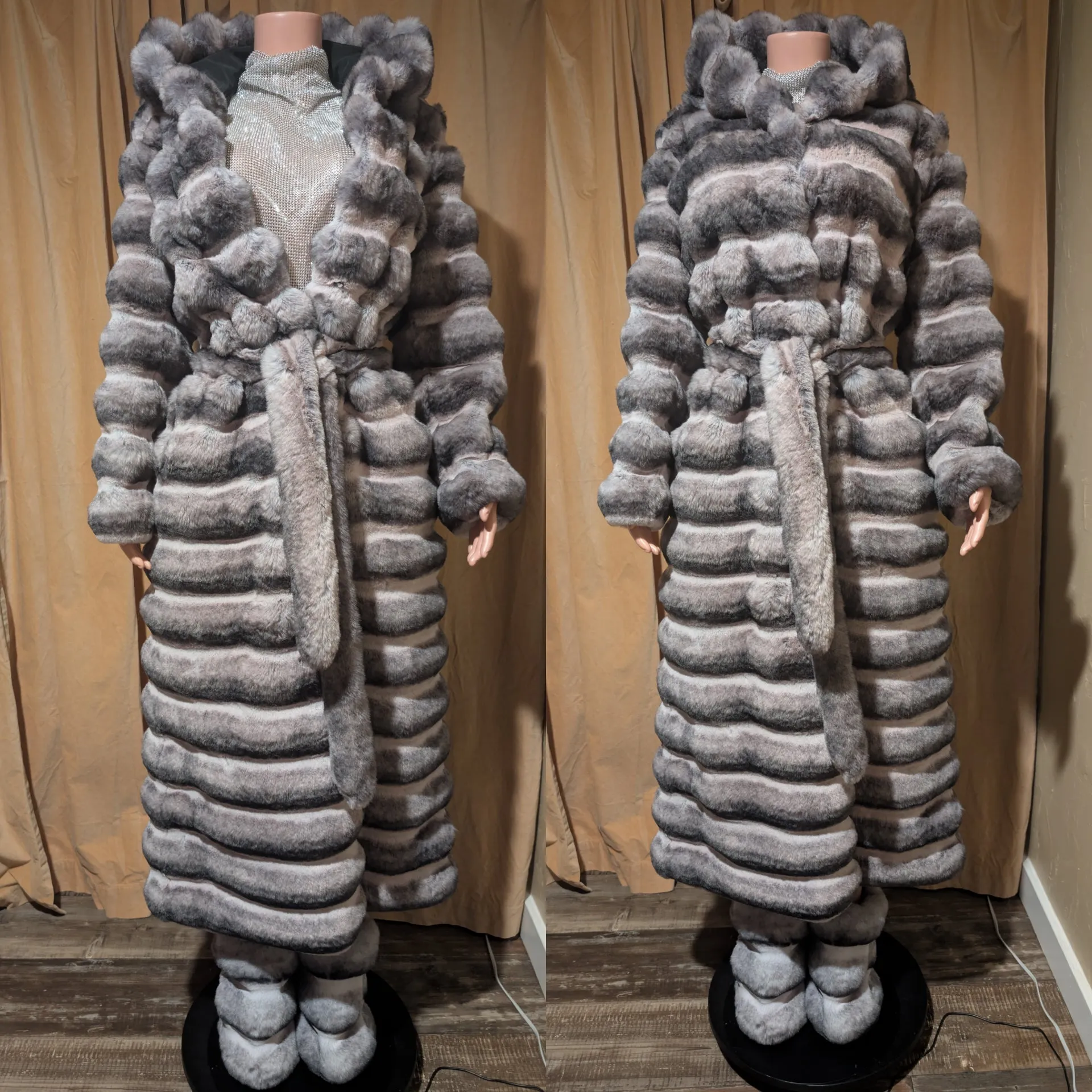 Hooded Chinchilla Look Long Fluffy Faux Jacket