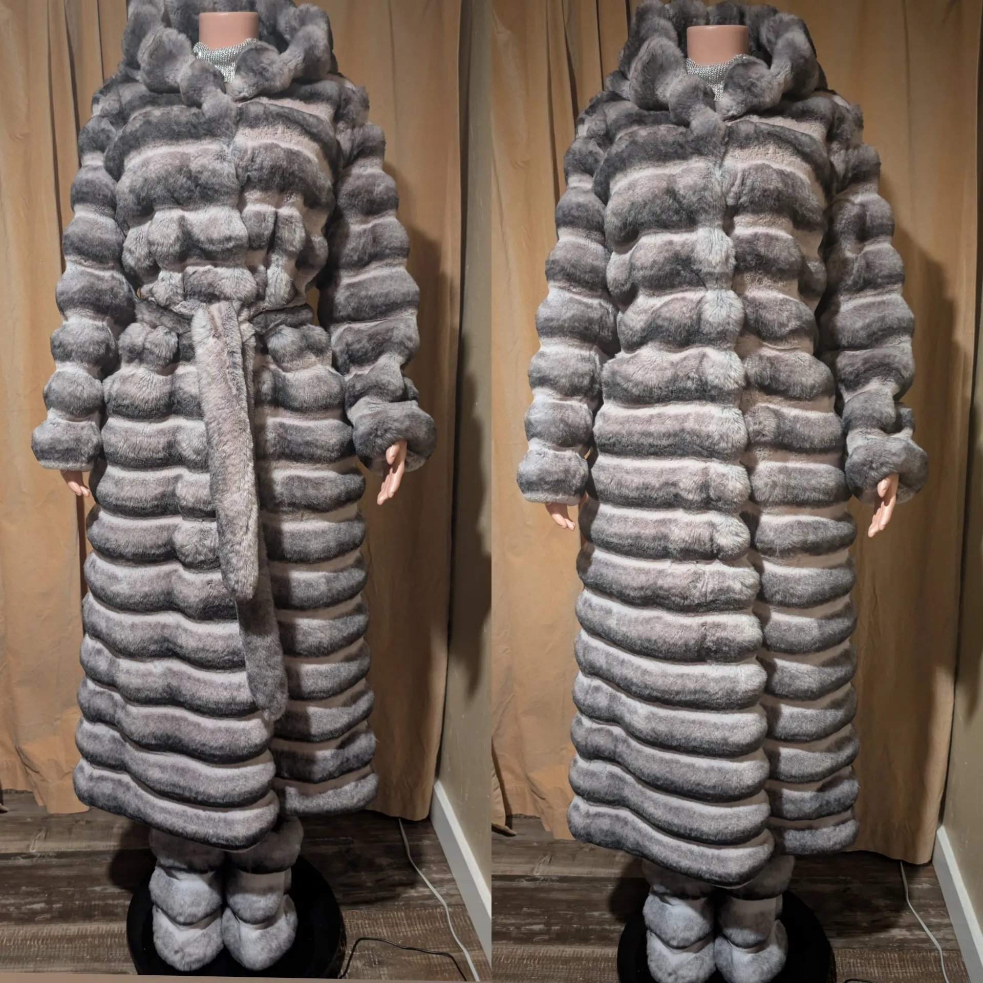Hooded Chinchilla Look Long Fluffy Faux Jacket