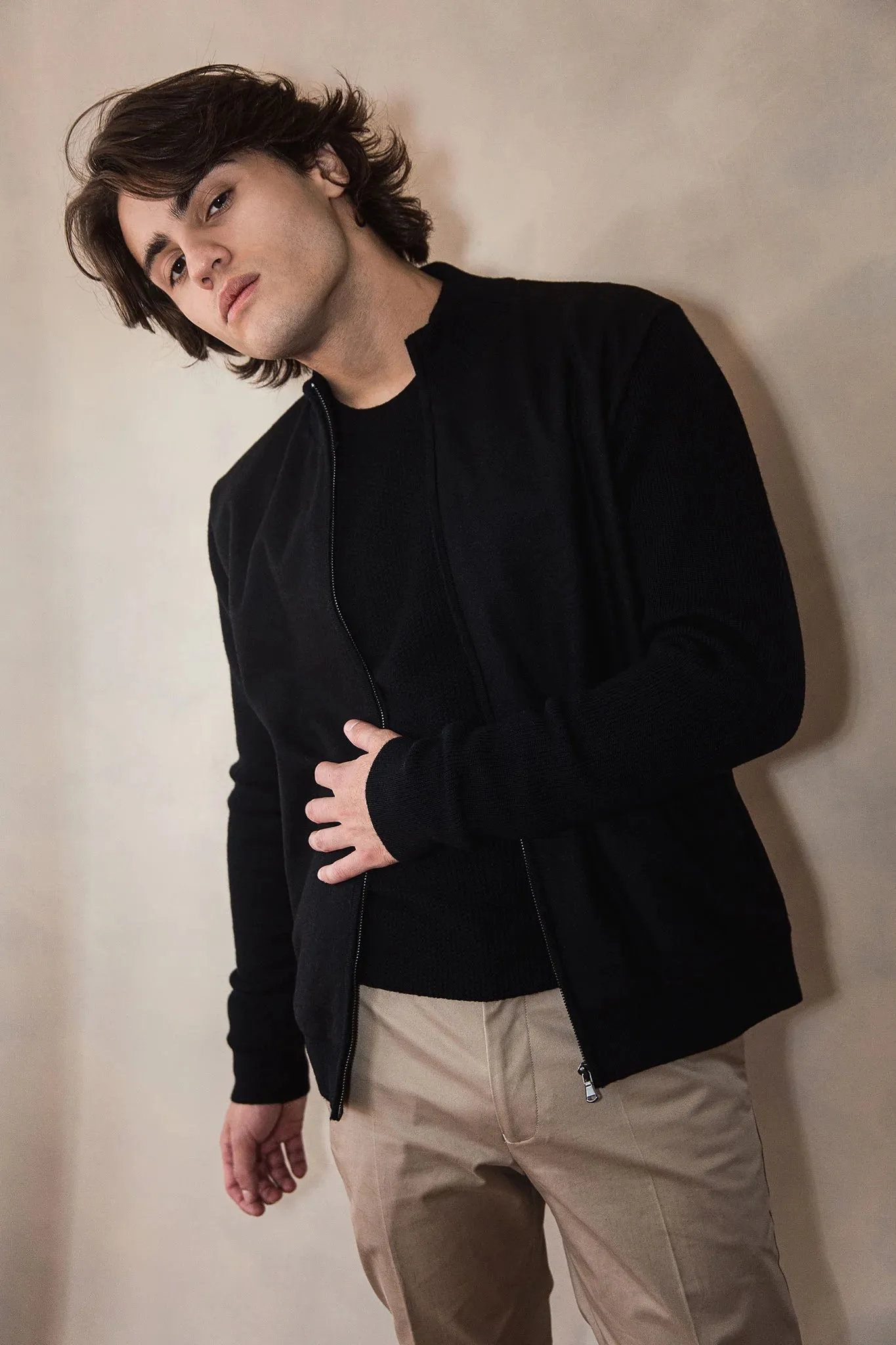 Jake Melton Front Knitted Bomber Jacket in Black