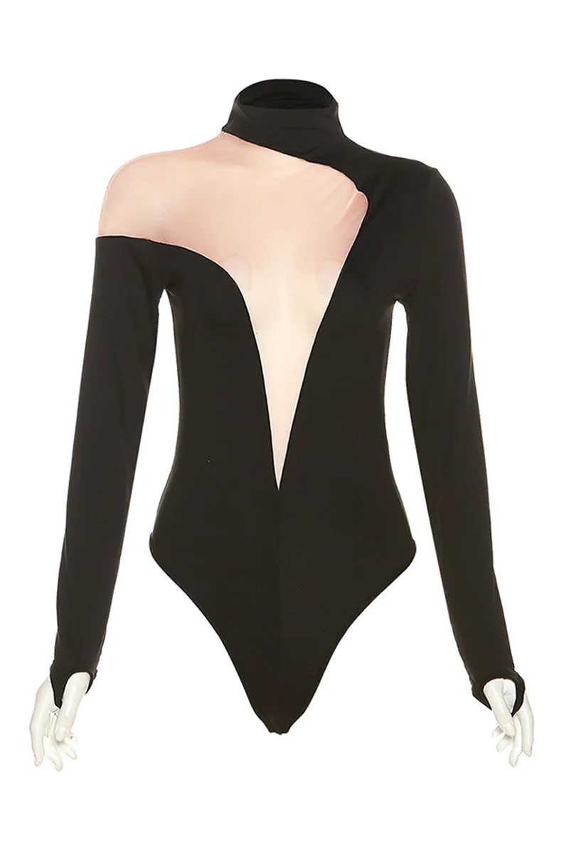 JD606 Sexy Sheer High-Rise Long Sleeve  Patchwork  Mesh Jumpsuit