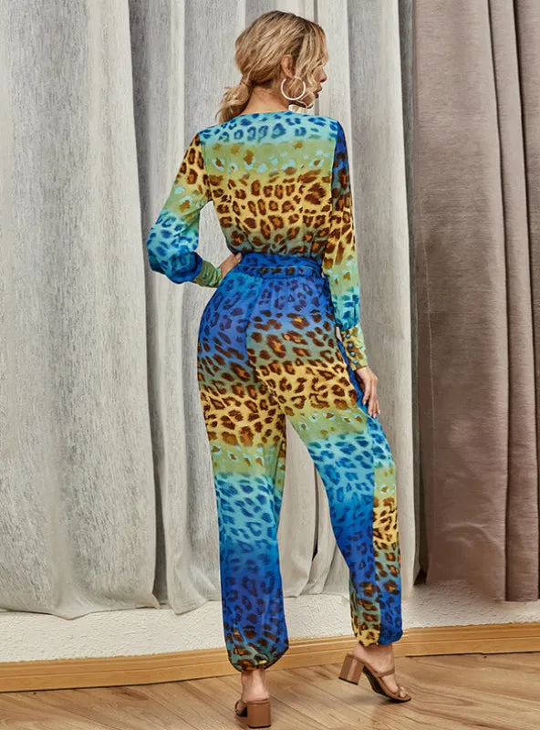 Leopard Print Jumpsuit Long Sleeve Printing Leisure
