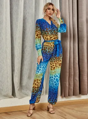 Leopard Print Jumpsuit Long Sleeve Printing Leisure