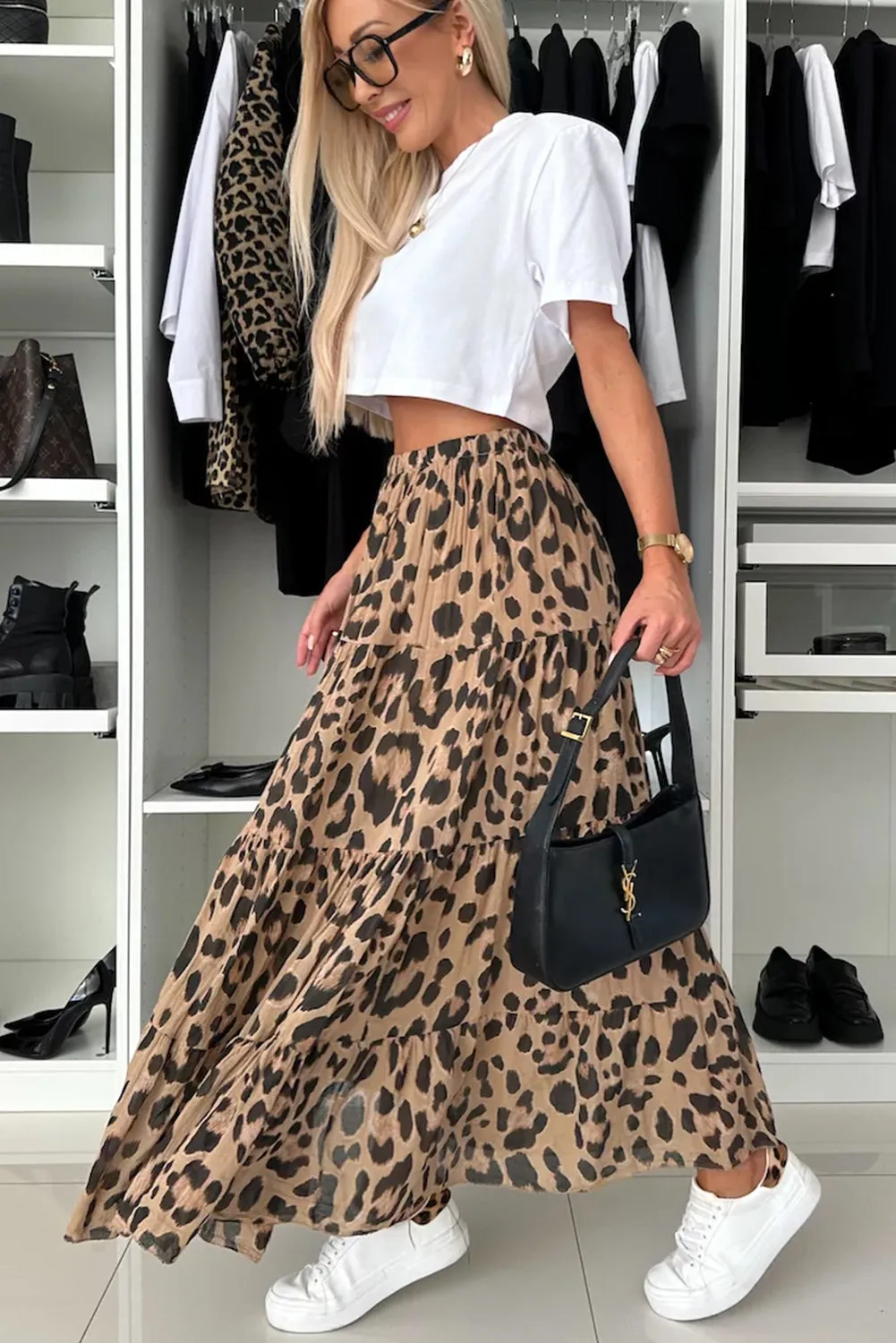 Light French Beige Leopard Print Elastic High Waist Tiered Maxi Skirt