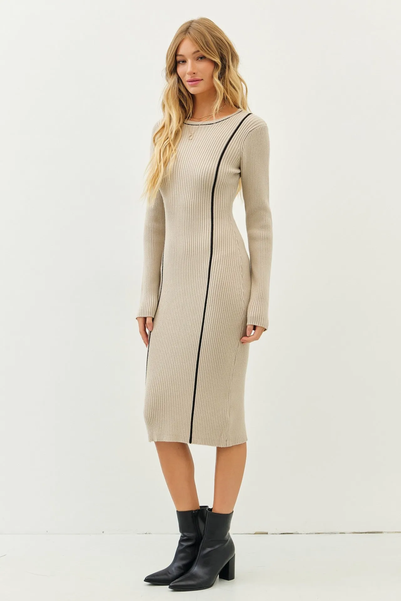 Long Sleeve Sweater Dress With Contrast